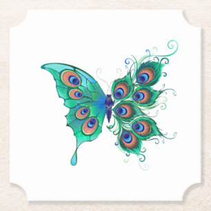 Butterfly with Green Peacock Feathers Paper Coaster