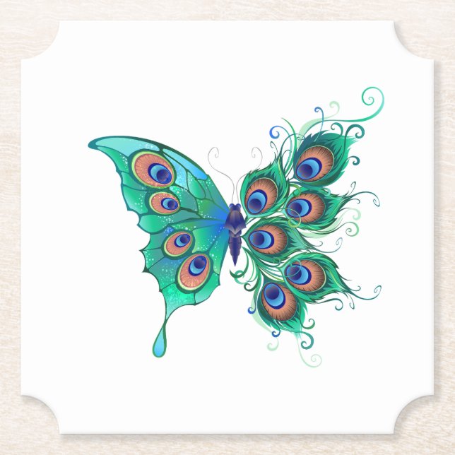 Butterfly with Green Peacock Feathers Paper Coaster (Front)