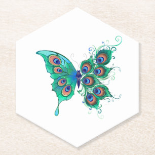 Butterfly with Green Peacock Feathers Paper Coaster