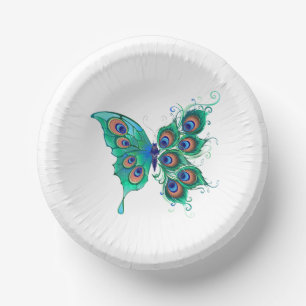 Butterfly with Green Peacock Feathers Paper Plate