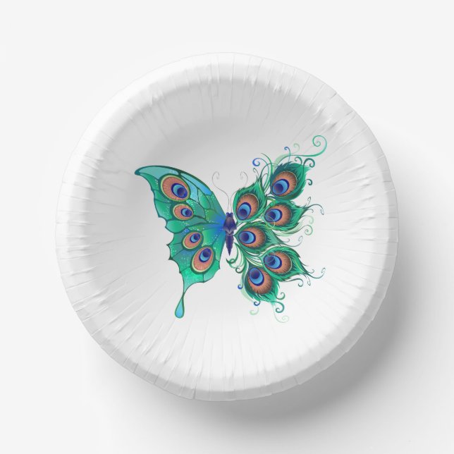 Butterfly with Green Peacock Feathers Paper Plate (Front)