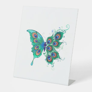 Butterfly with Green Peacock Feathers Pedestal Sign