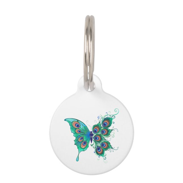 Butterfly with Green Peacock Feathers Pet Tag (Front)