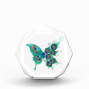 Butterfly with Green Peacock Feathers Photo Block