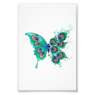 Butterfly with Green Peacock Feathers Photo Print