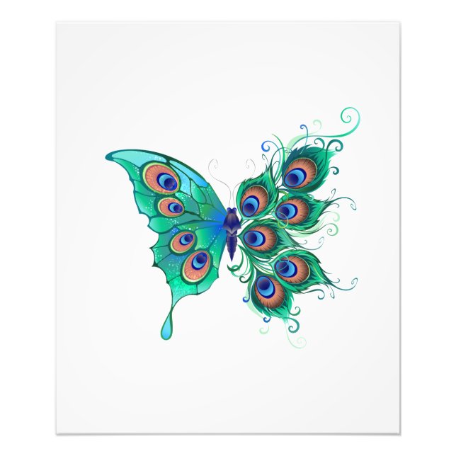 Butterfly with Green Peacock Feathers Photo Print (Front)
