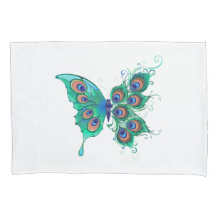 Butterfly with Green Peacock Feathers Pillowcase