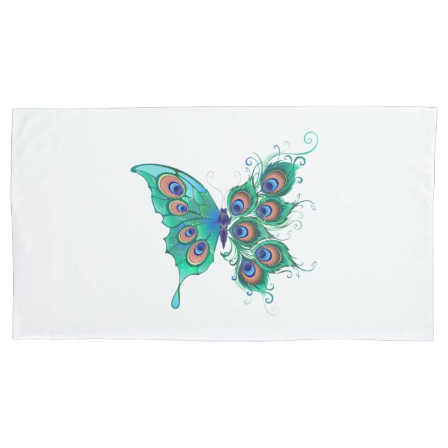 Butterfly with Green Peacock Feathers Pillowcase (Front-Left)
