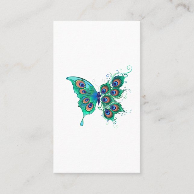 Butterfly with Green Peacock Feathers Place Card (Front)
