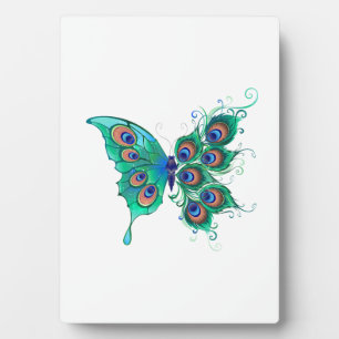 Butterfly with Green Peacock Feathers Plaque