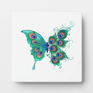 Butterfly with Green Peacock Feathers Plaque