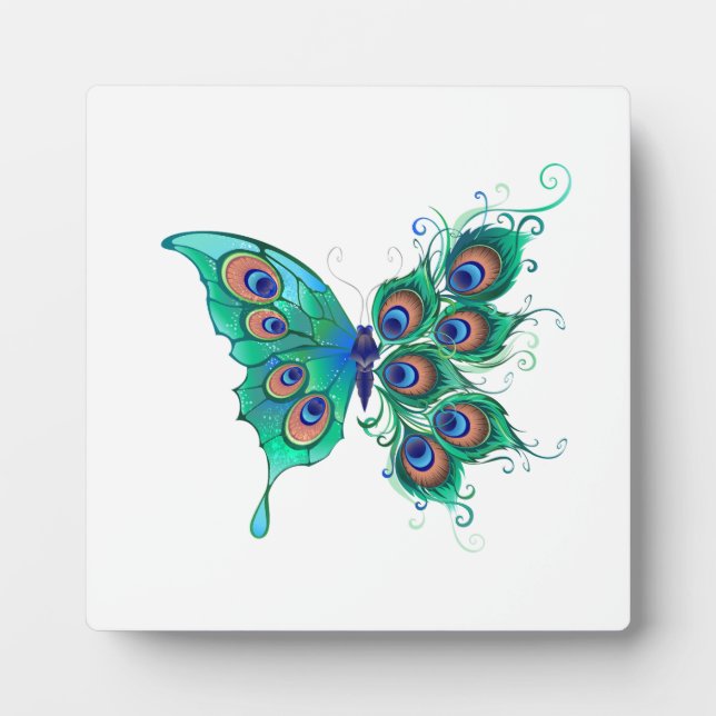 Butterfly with Green Peacock Feathers Plaque (Front)