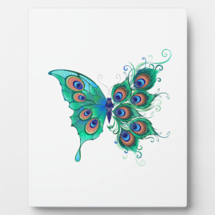 Butterfly with Green Peacock Feathers Plaque