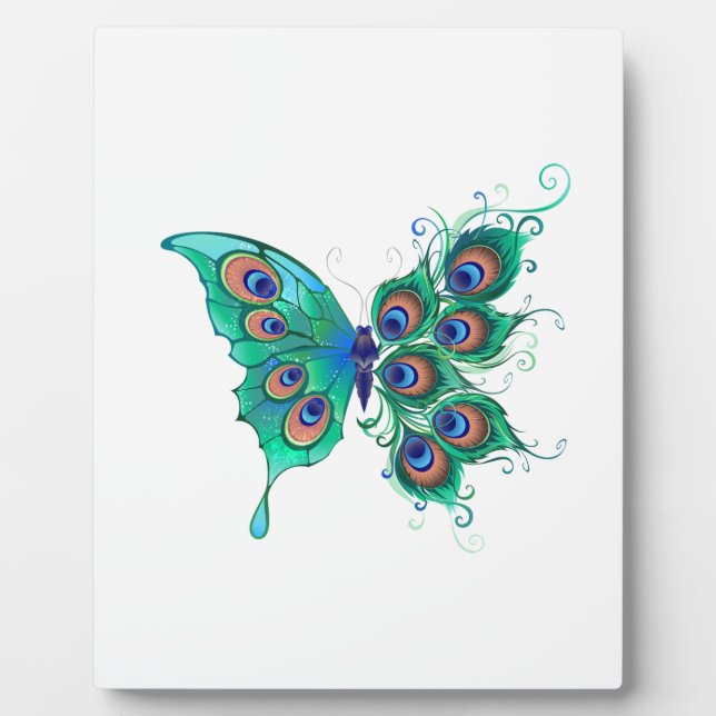 Butterfly with Green Peacock Feathers Plaque (Front)