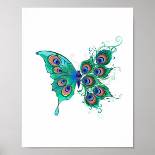 Butterfly with Green Peacock Feathers Poster