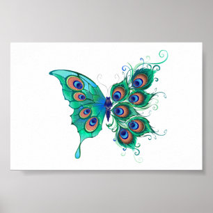 Butterfly with Green Peacock Feathers Poster