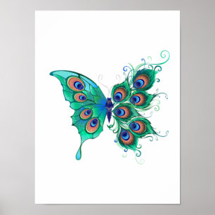 Butterfly with Green Peacock Feathers Poster