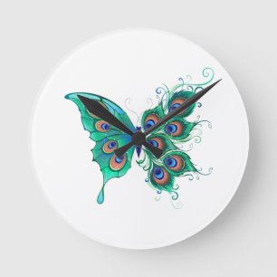 Butterfly with Green Peacock Feathers Round Clock