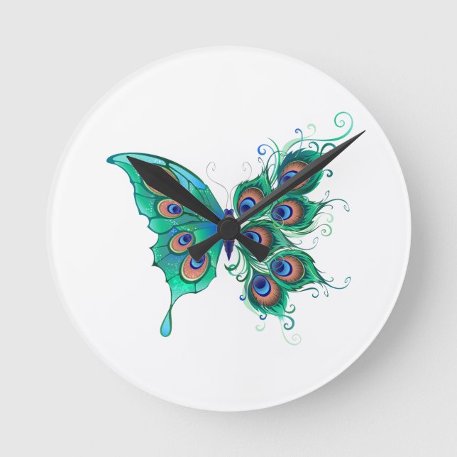 Butterfly with Green Peacock Feathers Round Clock (Front)