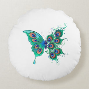 Butterfly with Green Peacock Feathers Round Cushion