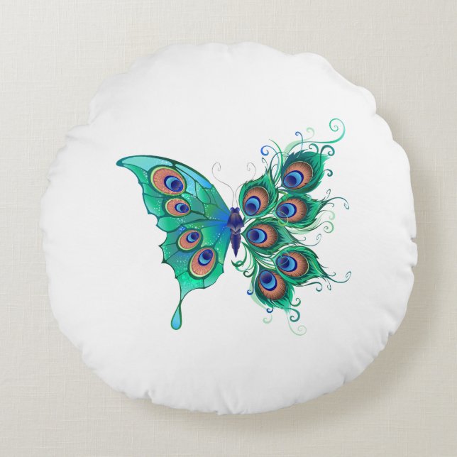 Butterfly with Green Peacock Feathers Round Cushion (Front)