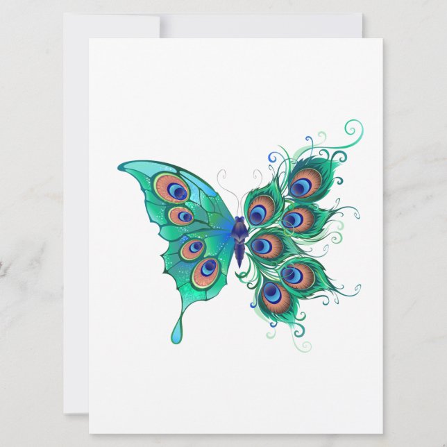Butterfly with Green Peacock Feathers Save The Date (Front)