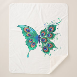 Butterfly with Green Peacock Feathers Sherpa Blanket