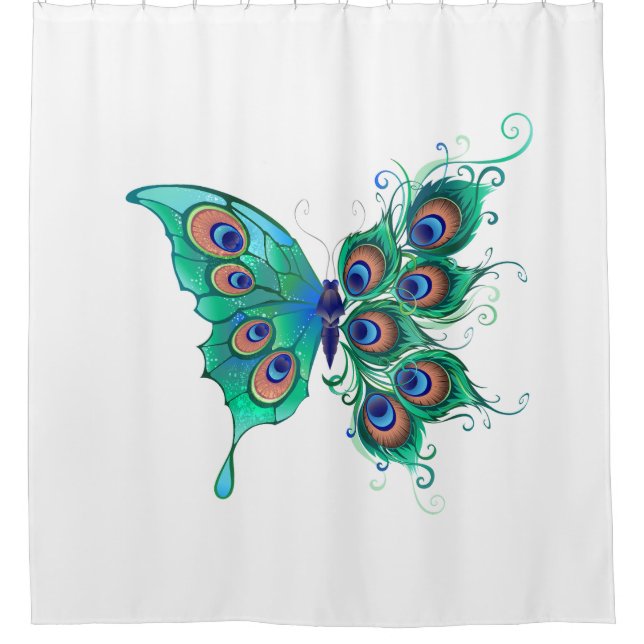 Butterfly with Green Peacock Feathers Shower Curtain (Front)