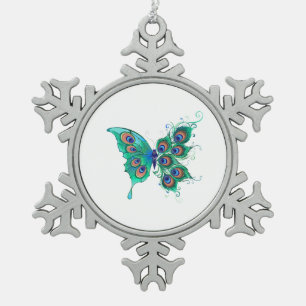 Butterfly with Green Peacock Feathers Snowflake Pewter Christmas Ornament