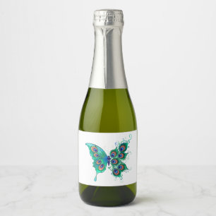 Butterfly with Green Peacock Feathers Sparkling Wine Label