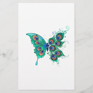 Butterfly with Green Peacock Feathers Stationery