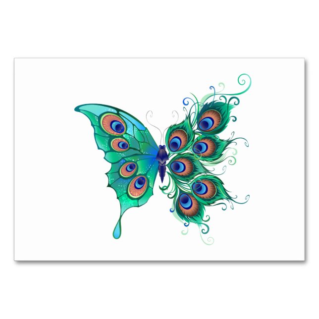 Butterfly with Green Peacock Feathers Table Number (Front)