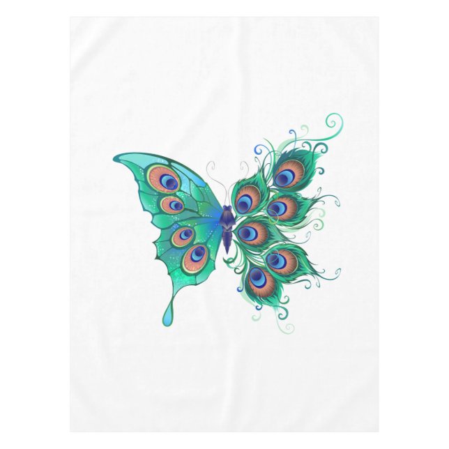 Butterfly with Green Peacock Feathers Tablecloth (Front)