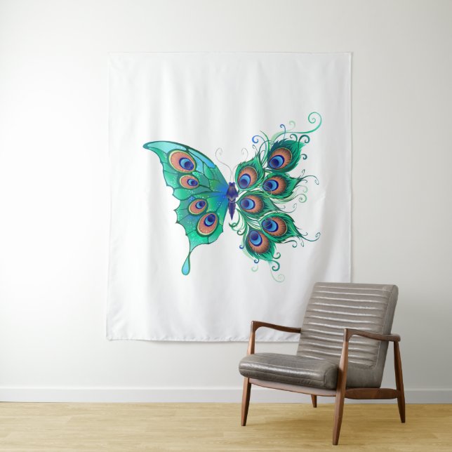 Butterfly with Green Peacock Feathers Tapestry (In Situ)