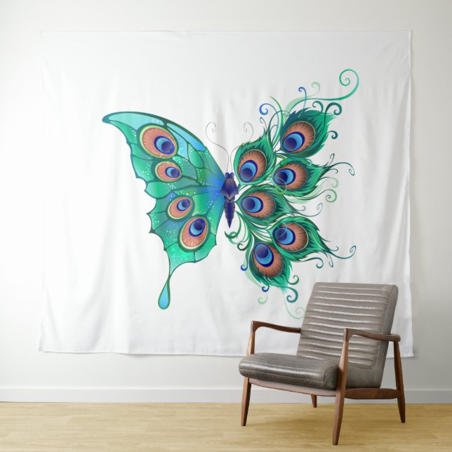 Butterfly with Green Peacock Feathers Tapestry (In Situ (Horizontal))