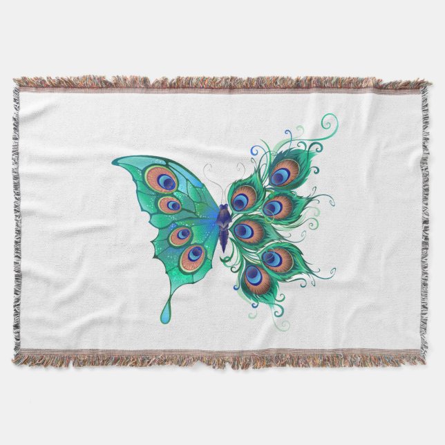 Butterfly with Green Peacock Feathers Throw Blanket (Front)