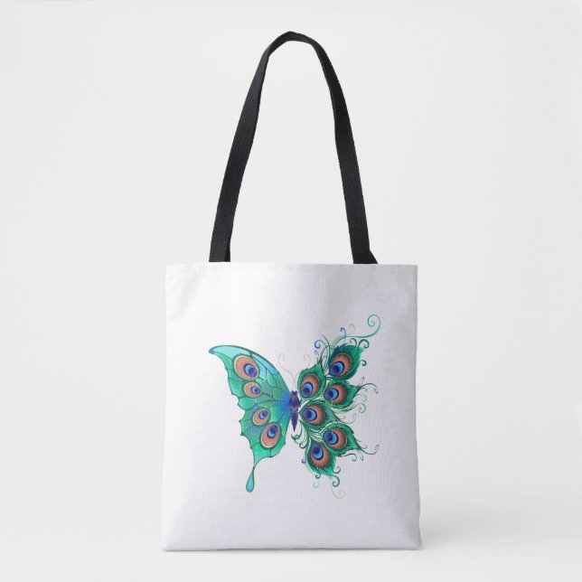 Butterfly with Green Peacock Feathers Tote Bag (Front)