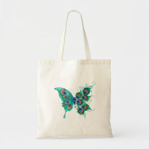 Butterfly with Green Peacock Feathers Tote Bag