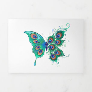 Butterfly with Green Peacock Feathers Tri-Fold Holiday Card