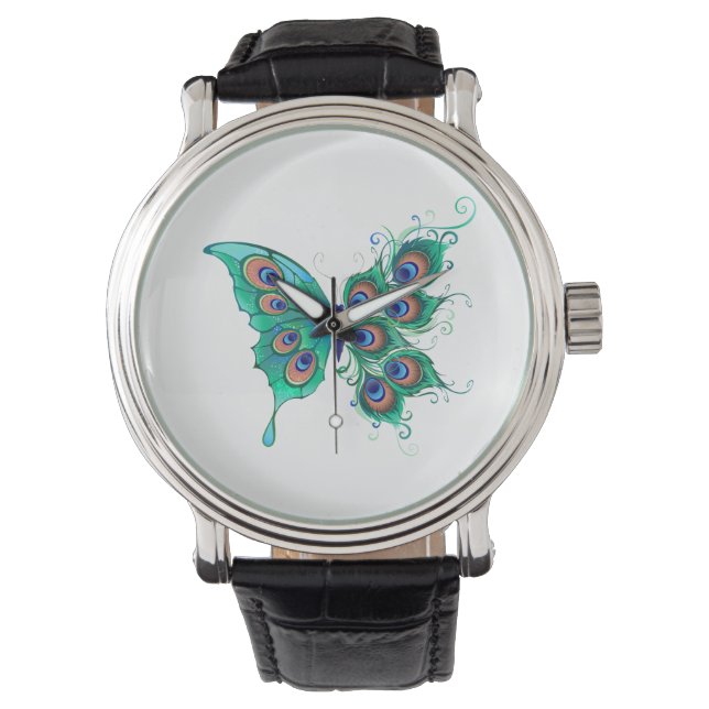 Butterfly with Green Peacock Feathers Watch (Front)