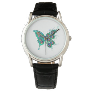 Butterfly with Green Peacock Feathers Watch