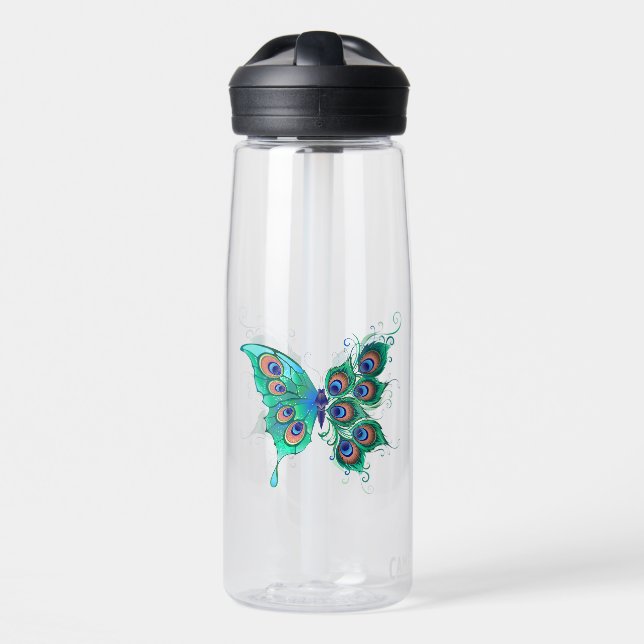 Butterfly with Green Peacock Feathers Water Bottle (Front)