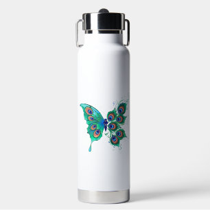 Butterfly with Green Peacock Feathers Water Bottle