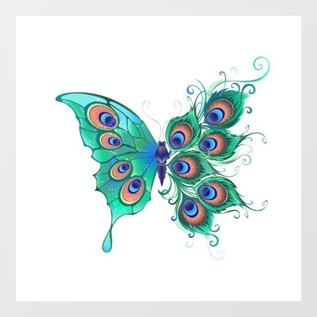 Butterfly with Green Peacock Feathers Window Cling (Sheet)