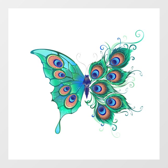 Butterfly with Green Peacock Feathers Window Cling (Sheet)