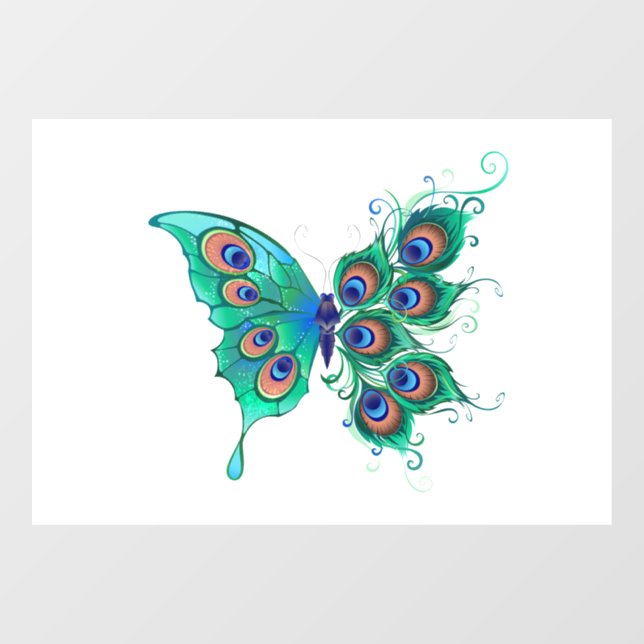 Butterfly with Green Peacock Feathers Window Cling (Sheet)