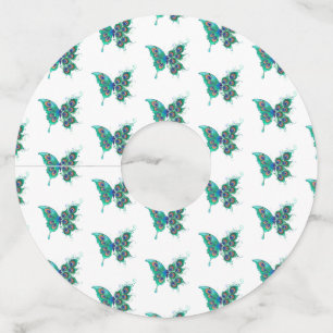 Butterfly with Green Peacock Feathers Wine Glass Tag
