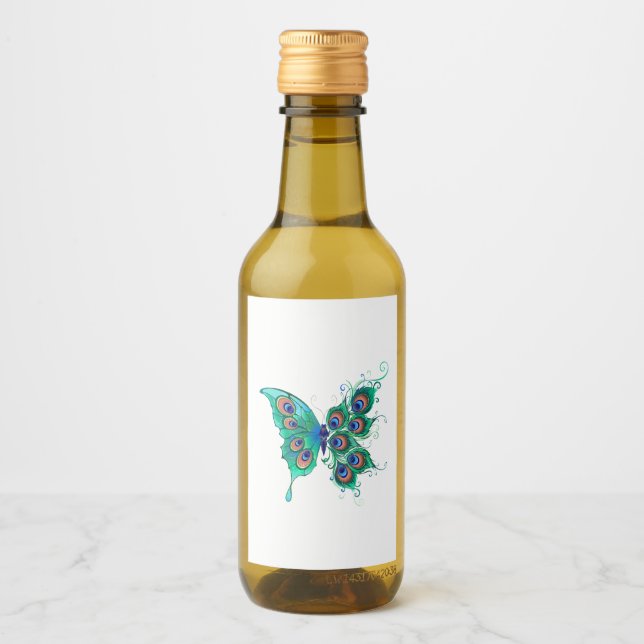 Butterfly with Green Peacock Feathers Wine Label (Front)