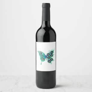 Butterfly with Green Peacock Feathers Wine Label
