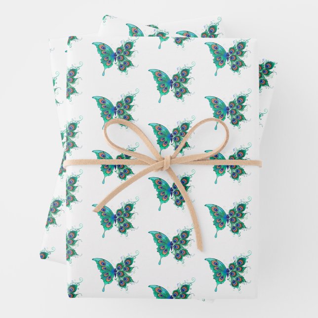 Butterfly with Green Peacock Feathers Wrapping Paper Sheet (In situ)